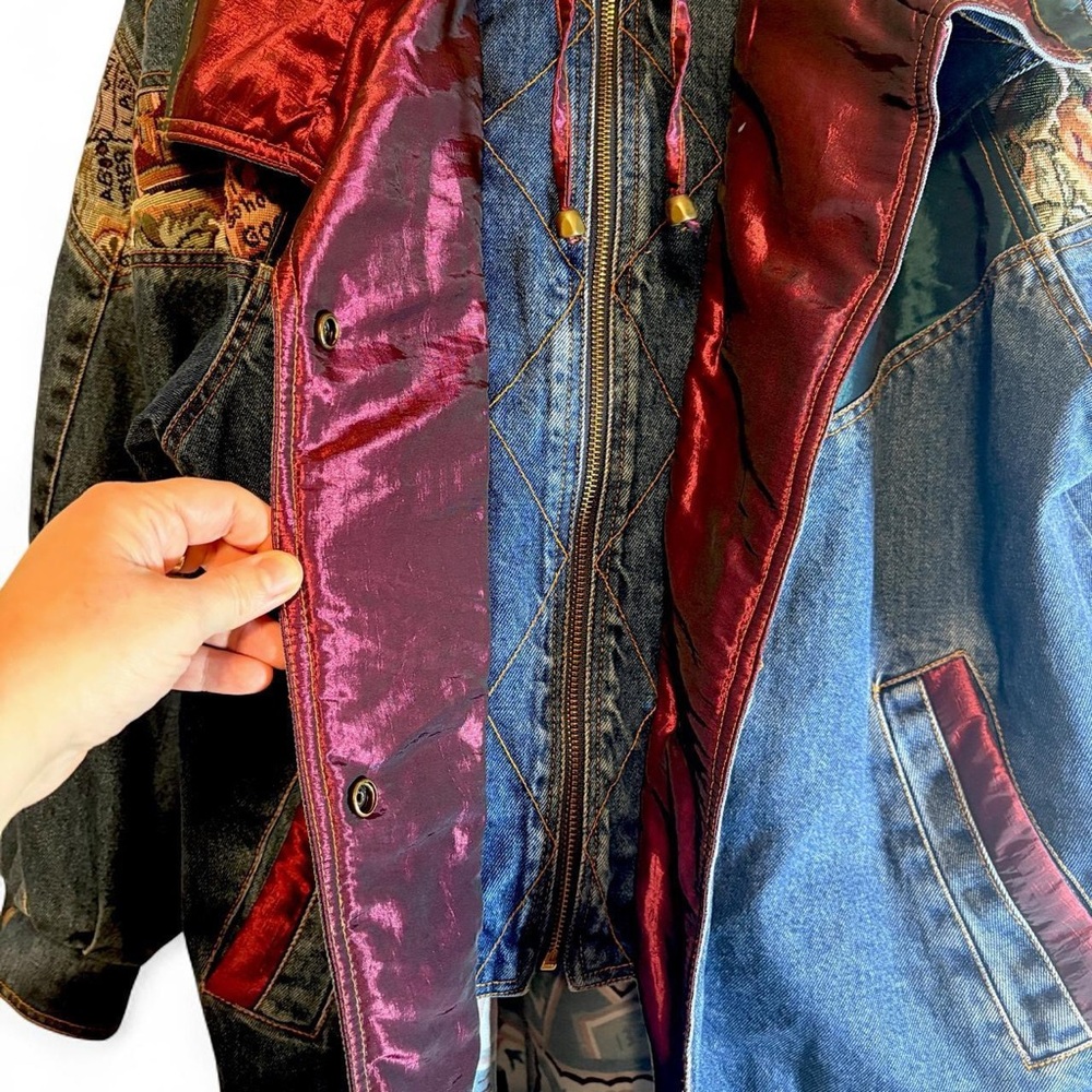 Current Seen 80s/90s Denim Jacket + Embroidery/Patchwork/Satin/Tapestry Details - Picture 3 of 8